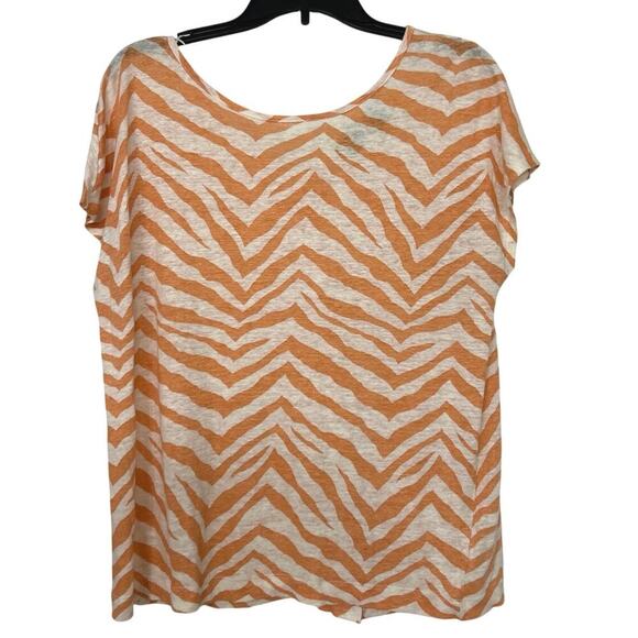 TAHARI 100% Linen Coral Tan Animal Print Button Back Top Beachy Summer Large - Picture 1 of 9